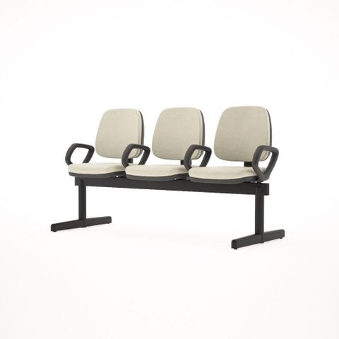 Longarina Job com Bracos 3 Lugares Assento Courino Bege Base Metalica Preta - 54498