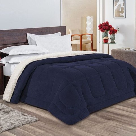 Coberdrom Casal Queen Everest Sherpa e Manta Microfibra 1 Peça - Azul Marinho