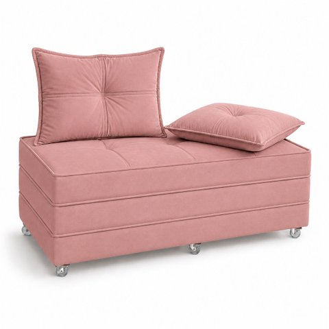 Puff Cama Dobravel 130cm Casal com Rodízios e Almofadas Cor: Suede Rosa