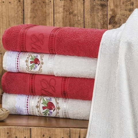 Jogo de Toalhas de Banho Bordado Ponto Russo Pássaros 100% Algodão 5 Peças - Vermelho