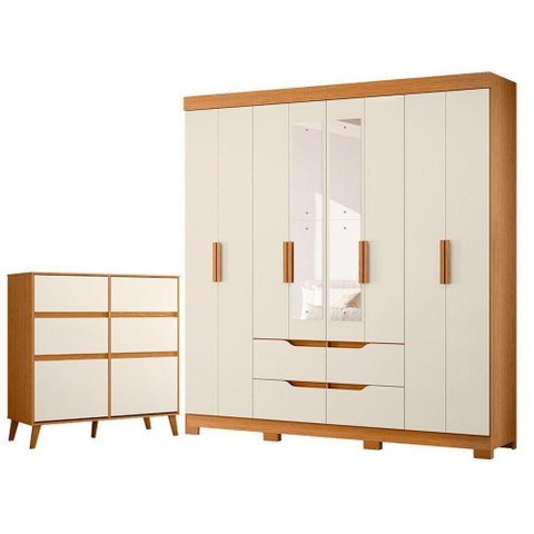 Guarda Roupa Casal com Cômoda Sapateira Doble 8 Portas de Bater 4 Gavetas MDP Cinamomo Off White