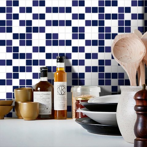 Adesivo Destacável Pastilha Mix Branco e Azul Marinho - 20 x 20cm - 18 unidades.