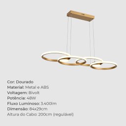 Lustre Pendente Lumier Capri 48w 84x29cm Led Dourado Bivolt - 7