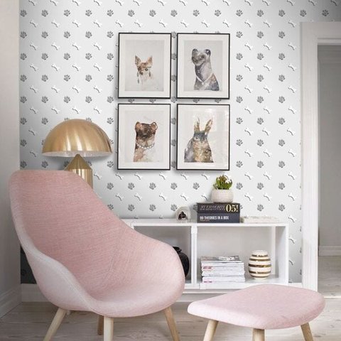Papel de Parede Pet Shop Patas Cachorro - Várias Cores - Cinza