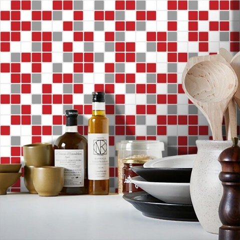 Adesivo Destacável Pastilha Mix Vermelho e Cinza - 20 x 20cm - 18 unidades.