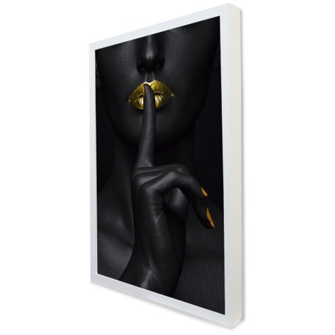 Quadro Decorativo Caixa Mulher Silêncio Dourado Tacolado Moldura Caixa 3cm Branca com Vidro 80 X 120
