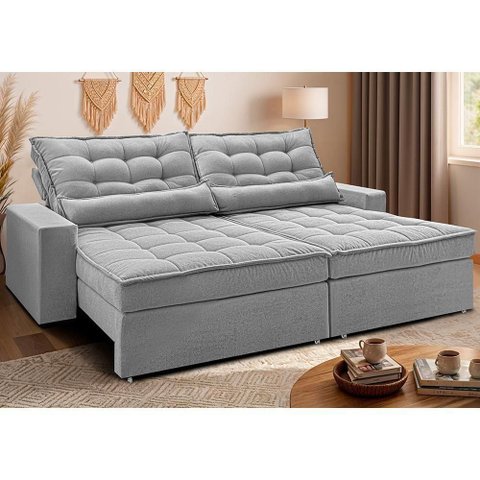 Sofá Retrátil e Reclinável 2,72m Molas Ensacadas Belle. Boucle Cama Inbox Cinza Claro