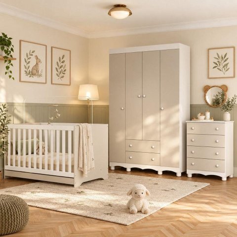 Quarto de Bebê Completo com Berço Americano 3 em 1 p/Colchão 130x70cm Flor Multimóveis MP4938