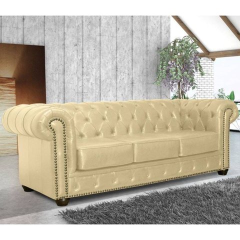 Sofá 3 Lugares 2,35M Chesterfield Couro Bege - Mempra