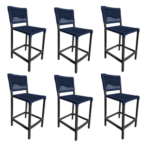 Kit 6 Banquetas França em Corda Náutica e Base em Alumínio Preta para Área Gourmet Azul Marinho