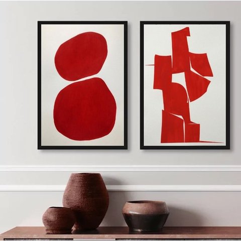 Kit 2 Quadros Decorativos Minimalistas Abstratos Vermelhos 45x34cm - com Vidro:madeira Preta