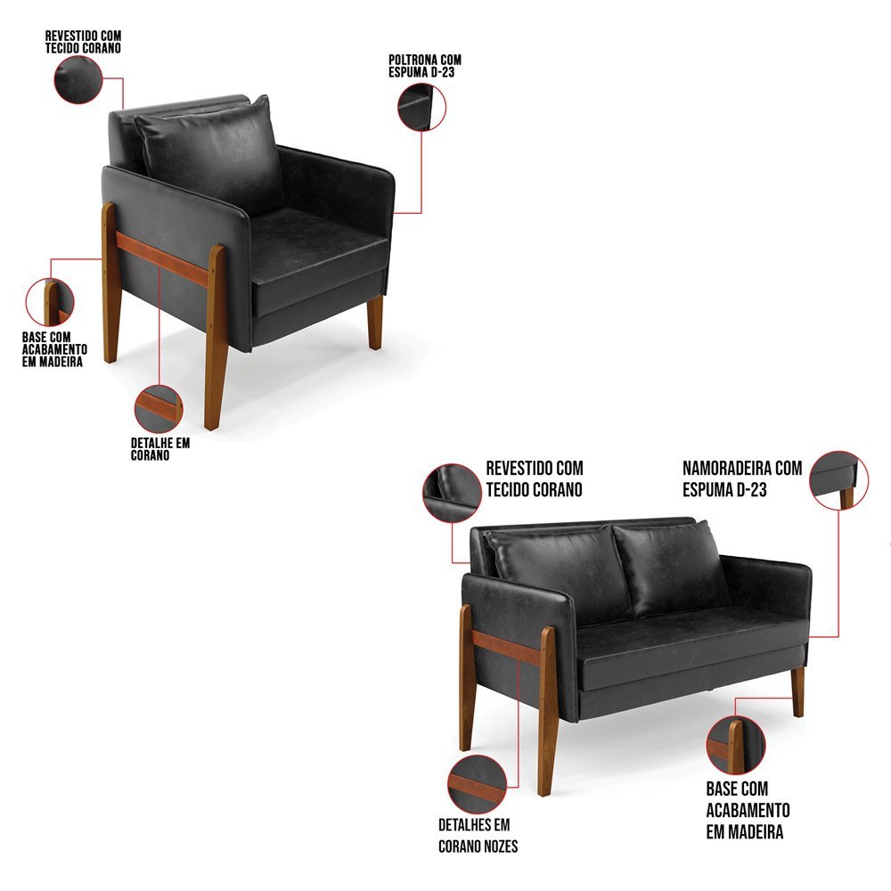 Kit 1 Sofá Namoradeira e 2 Poltronas Lana Corano Preto Base de Madeira - D'Rossi DRossi - 5