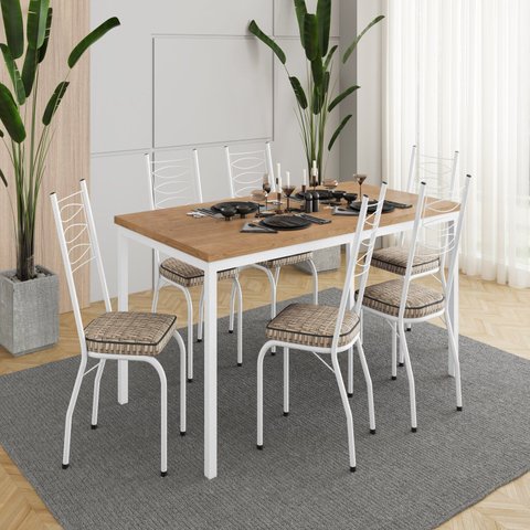 Conjunto Sala de Jantar Mesa Retangular Tampo BP com 6 Cadeiras Adriana Branco/Cedro