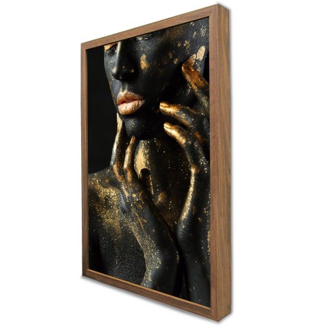 Quadro Decorativo Mulher Dourada Fashion em Moldura Caixa TaColado Moldura Caixa Alta 4,5cm Madeira 