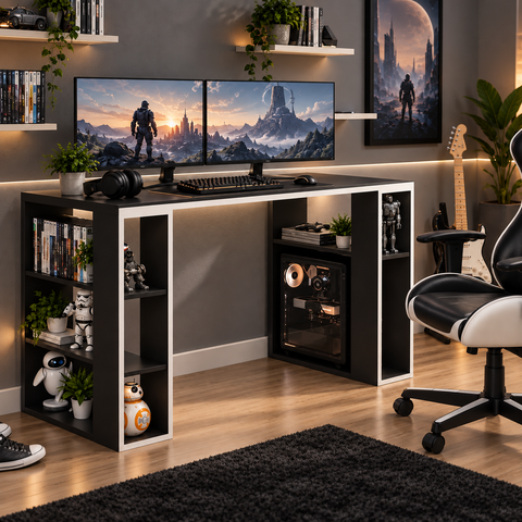 Mesa Gamer para Computador 135cm com Nichos e Prateleiras Robust Grafite Madeira Mania