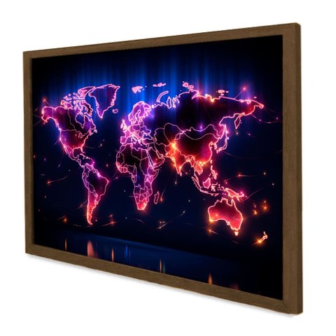 Quadro Decorativo Mapa Mundi Iluminado em Moldura Caixa Tacolado Moldura Trad 1cm Madeira Escura com