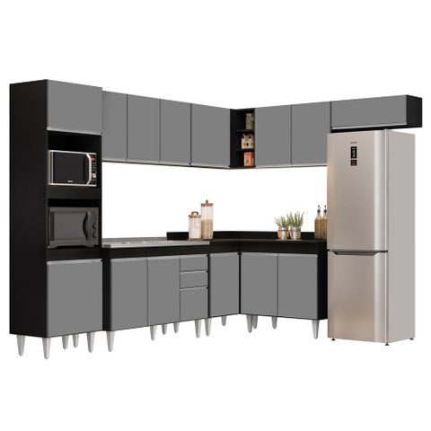 Armário de Cozinha Modulada de Canto 8 Peças CP03 Balcão com Pia Inox Preto/Cinza - Lumil Lumil Móve