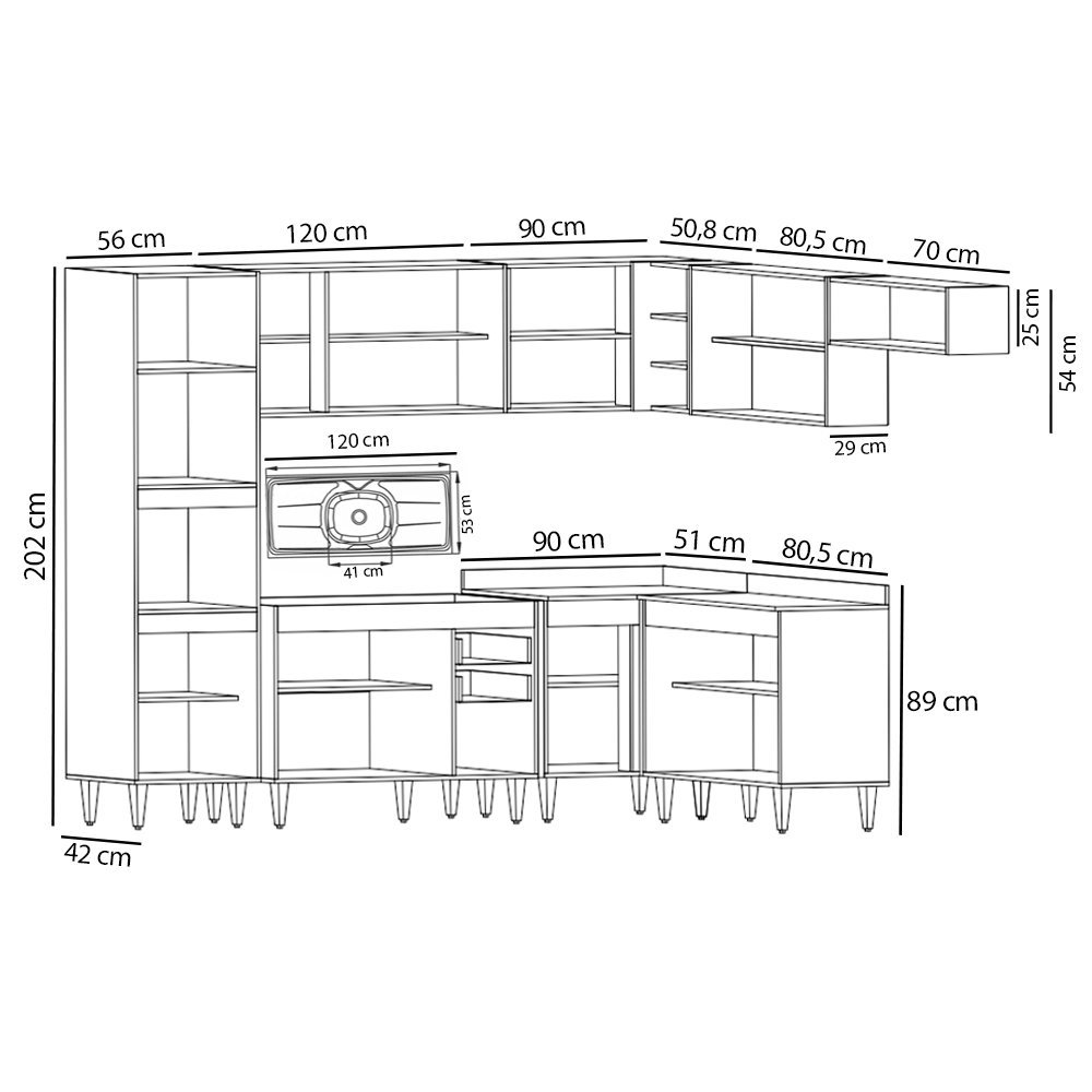 Armário de Cozinha Modulada de Canto 8 Peças CP03 Balcão com Pia