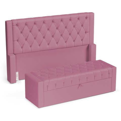 Cabeceira e Calçadeira Báu King Size Atena 195cm Capitonê Suede Rosa - Desk Design