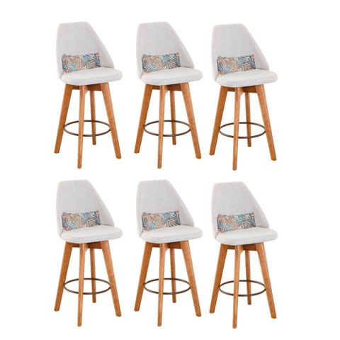 Kit 06 Banquetas Alta Maya Giratória Com Encosto Linho Bege Claro e Almofada Folhas - Gat Magazine