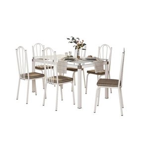 Jogo de Mesa Malva Vidro Branco 140 Cm com 6 Cadeiras 121 Branco Ratan Artefamol