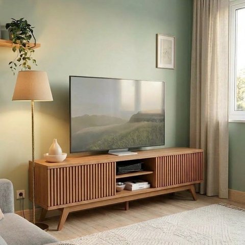 Rack para TV até 75 Polegadas com 4 Portas e Pés em Madeira Maciça 220x56x39cm