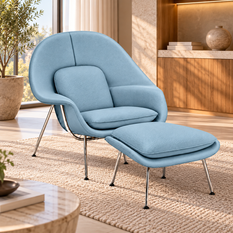 Poltrona Womb Chair com Puff em Couro Ecológico Azul Claro