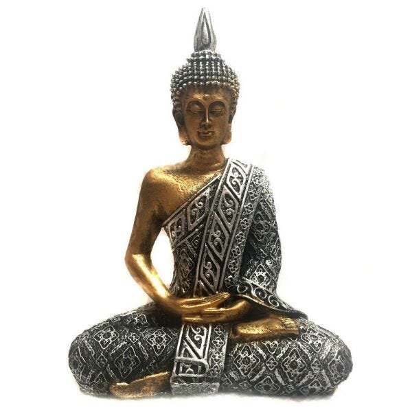 Estátua de Buda Hindu Resina Dourado e Prateado 21cm