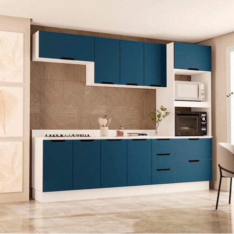 Cozinha Meena 5 Peças Armários Aéreos Torre Quente Balcões c/ Tampo Rodapé Branco/Azul 250073