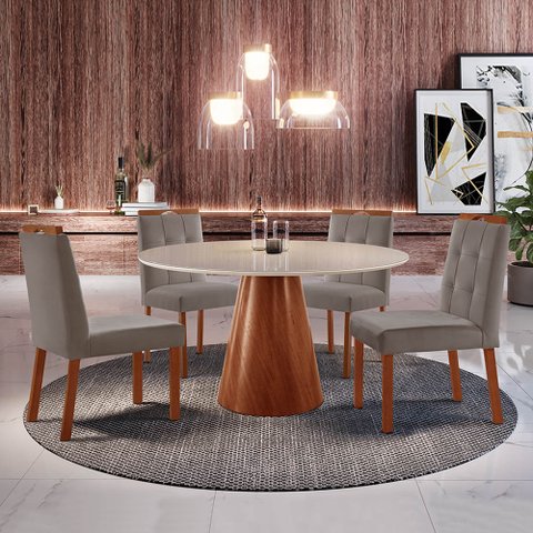 Conjunto Sala de Jantar Mesa Gênova 110cm Tampo Redondo Vidro Off White com 4 Cadeira
