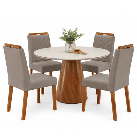 Conjunto Sala de Jantar Mesa Gênova 110cm Tampo Redondo Vidro Off White com 4 Cadeira