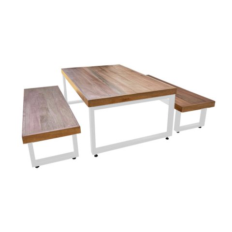 Conjunto Infantil Bernardo Industrial 120x70cm com 2 Bancos Industriais Base Branca