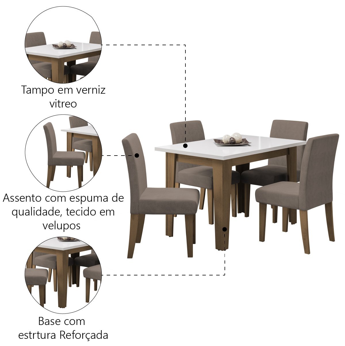 Conjunto de Mesa Sala de Jantar Miami com 4 Cadeiras Trieste Suede 1,20m Cedro / Off White / Mascavo - 5