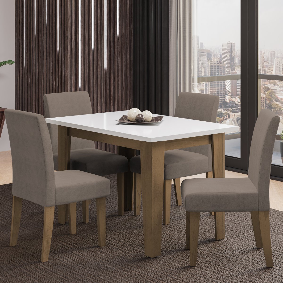 Conjunto de Mesa Sala de Jantar Miami com 4 Cadeiras Trieste Suede 1,20m Cedro / Off White / Mascavo - 2