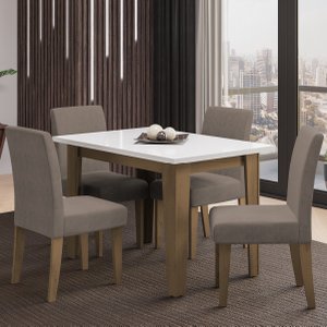 Conjunto de Mesa Sala de Jantar Miami com 4 Cadeiras Trieste Suede 1,20m Cedro / Off White / Mascavo