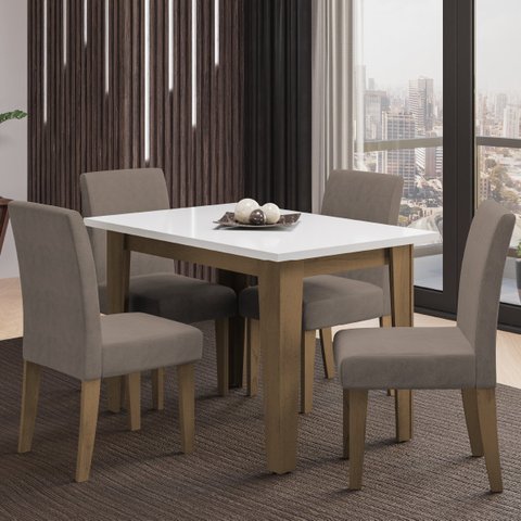 Conjunto de Mesa Sala de Jantar Miami com 4 Cadeiras Trieste Suede 1,20m Cedro / Off White / Mascavo