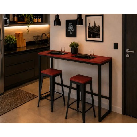Mesa Jantar Aparador Bancada Alta Industrial 160x70cm Tampo Vermelho Pés Preto