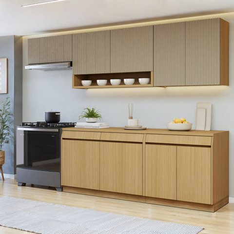 Cozinha Completa Modulada 5 Peças 9 Portas 3 Gavetas com Rodapé 100% MDF Simone Mendes Marrom/Carvalho/Greige