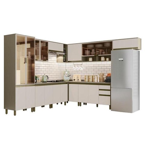 Cozinha Completa de Canto 10 Peças Connect Duna-Cristal com Cristaleira e Aéreo Vidro - Móveis