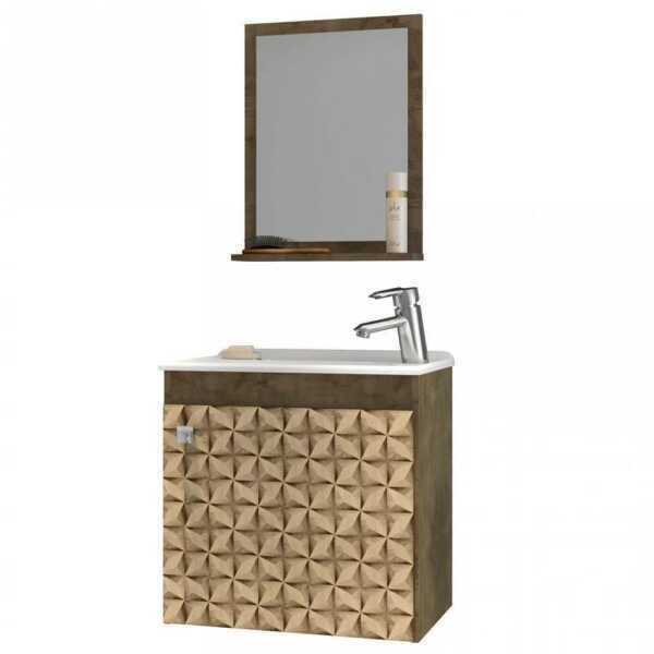 Gabinete para Banheiro com Cuba e Espelheira Bechara Madeira Rústica/3D - 2