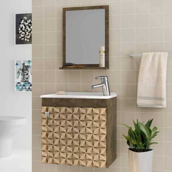 Gabinete para Banheiro com Cuba e Espelheira Bechara Madeira Rústica/3D
