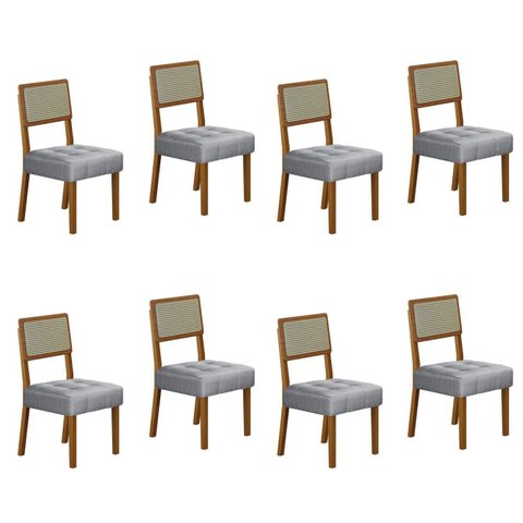 Kit de 8 Cadeiras para Sala de Jantar Pés em Madeira Maciça Liz Cinza/Cinamomo/Linho Prata