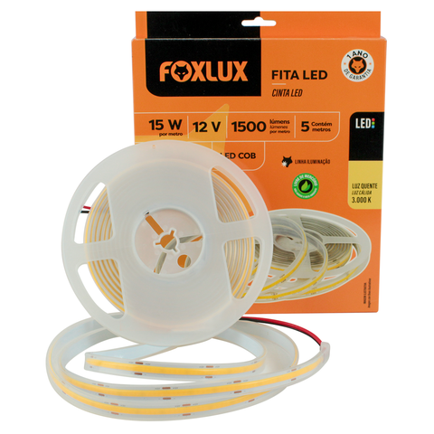 Fita Led Cob 15w 12v 3000k 5 metros Ip65 Foxlux