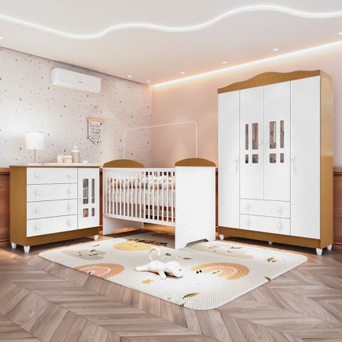 Quarto Bebê Completo Berço 3EM1 Eloá Guarda Roupa 4 Portas Cômoda 4 Gavetas 1 Porta MDF Branco/com B