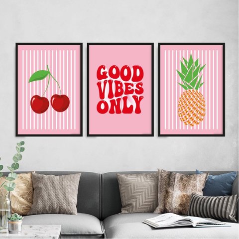 Kit 3 Quadros Cereja Abacaxi Good Vibes 33x24cm:Madeira branca