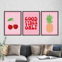 Ver imagem 1 de Kit 3 Quadros Cereja Abacaxi Good Vibes 33x24cm:Madeira branca
