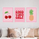 Ver imagem 2 de Kit 3 Quadros Cereja Abacaxi Good Vibes 33x24cm:Madeira branca