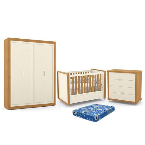 Dormitório Tutto New 4 Portas, Cômoda 4 Gavetas e Berço Off White/Freijó com Colchão - Matic Móveis