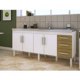 Balcão de Cozinha Sem Pia 4 Portas e 3 Gavetas Flex para Pia de 174cm X 80cm Branco Mgm - 4 Balcão de Cozinha Sem Pia 4 Portas e 3 Gavetas Flex para Pia de 174cm X 80cm Branco Mgm - 4