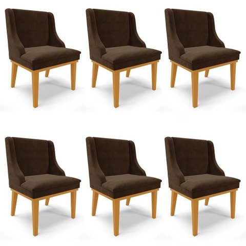 Kit 6 Cadeiras Estofadas para Sala de Jantar Base Fixa de Madeira Castanho Lia Suede Marrom - Ibiza